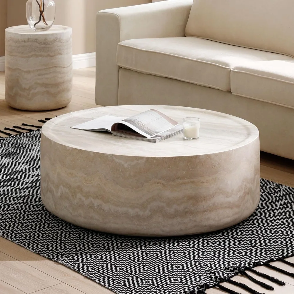 39.37” Round Coffee Table, Modern Tea Faux Travertine Textured Table, Fiberglass Side Table for Living Room, No Need Assembly