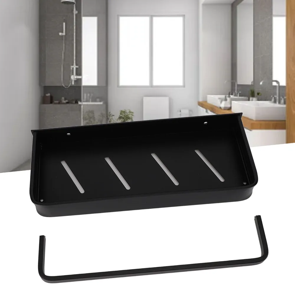 Multipurpose Aluminum Bathroom Shelf Wall Mounted Black Towel Rack Rustproof Open Bottom Design Storage Shelf Space Saving