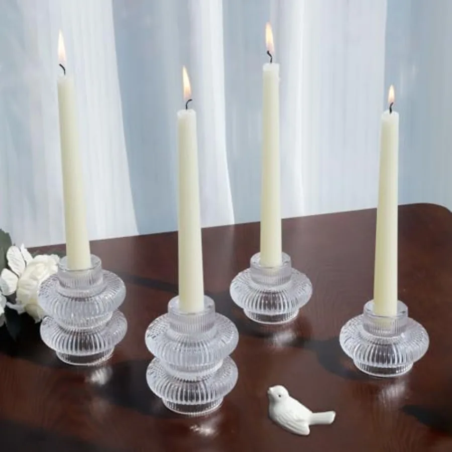 

12pcs Taper Candle Holders Ribbed Glass, Stylish Boho Candle Holder Stackable and Reversible for Candlesticks and Votive Candle