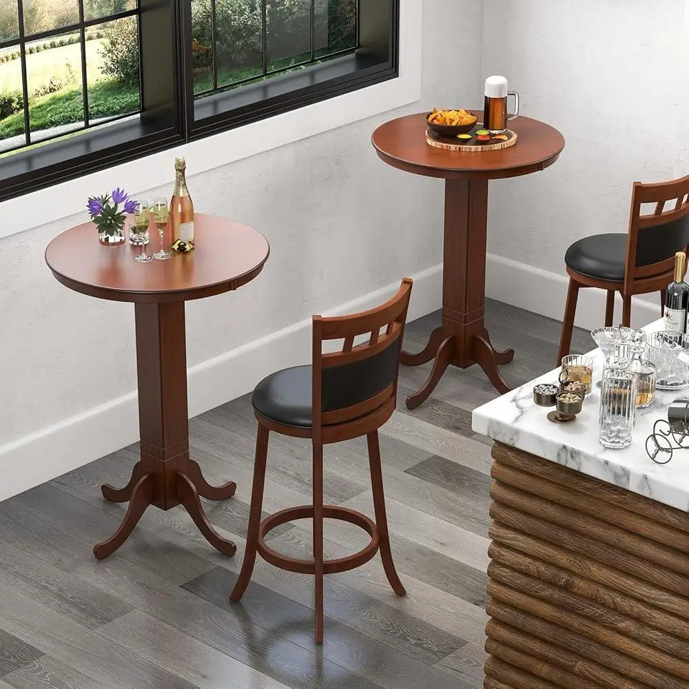 3 Piece Round Bar Table Set with 2 Upholstered Swivel Stools Rubber Wood Frame Kitchen Dining Home Decor