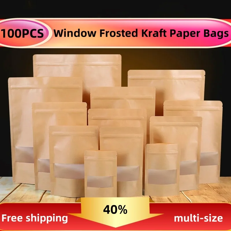 50/100pcs white kraft paper zipper stand up pouch reusable kraft paper bag gift dry food fruit tea packaging ziplock bag