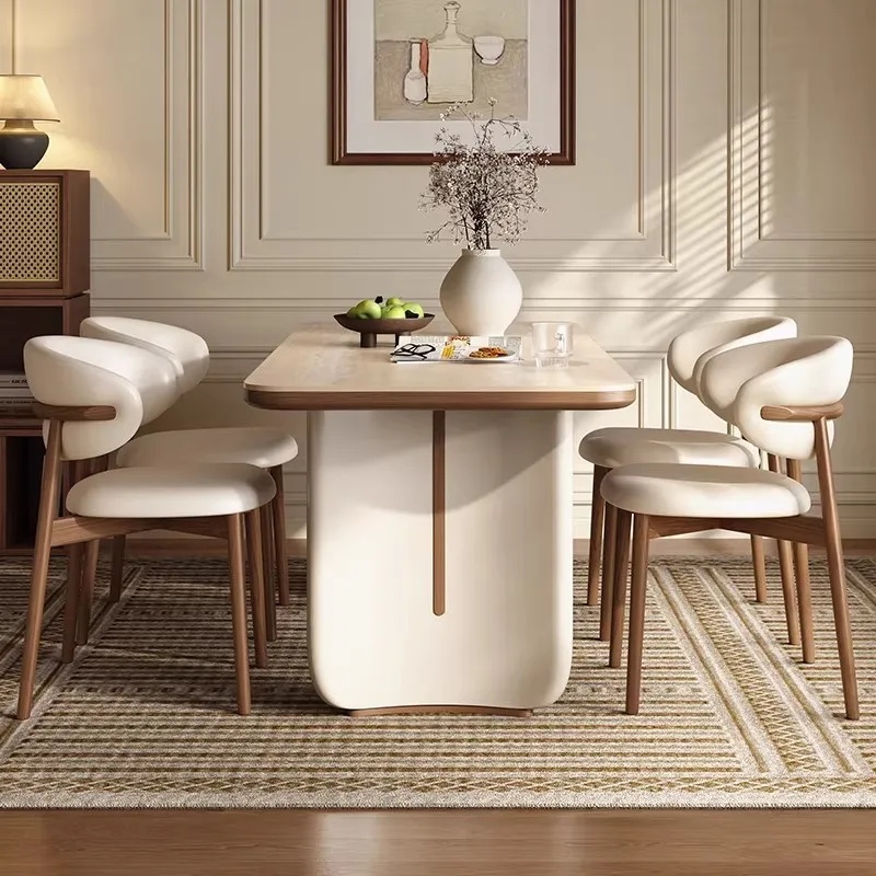 *& Cream-colored Wood Dining Table 2026 New Model Light Luxury High-end Feel French-style Adjustable Desktop Dining Room Set Cha