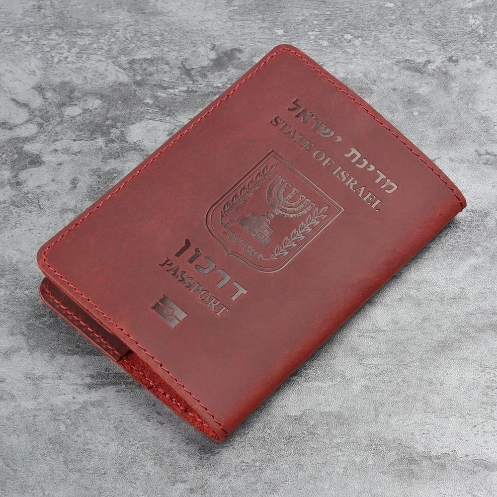 Couro Genuíno Israel Passport Cover, titular do cartão de crédito, Hebrew Passport Case, Unisex Travel Wallet