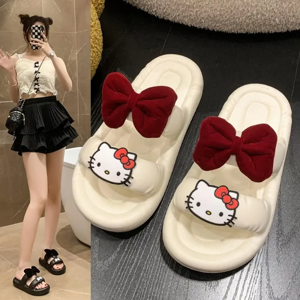 

Женские тапочки Sanrio Hello Kitty с рисунком Kawaii, летняя обувь принцессы с галстуком-бабочкой, милые нескользящие сандалии в домашнем общежитии для девочек в стиле аниме