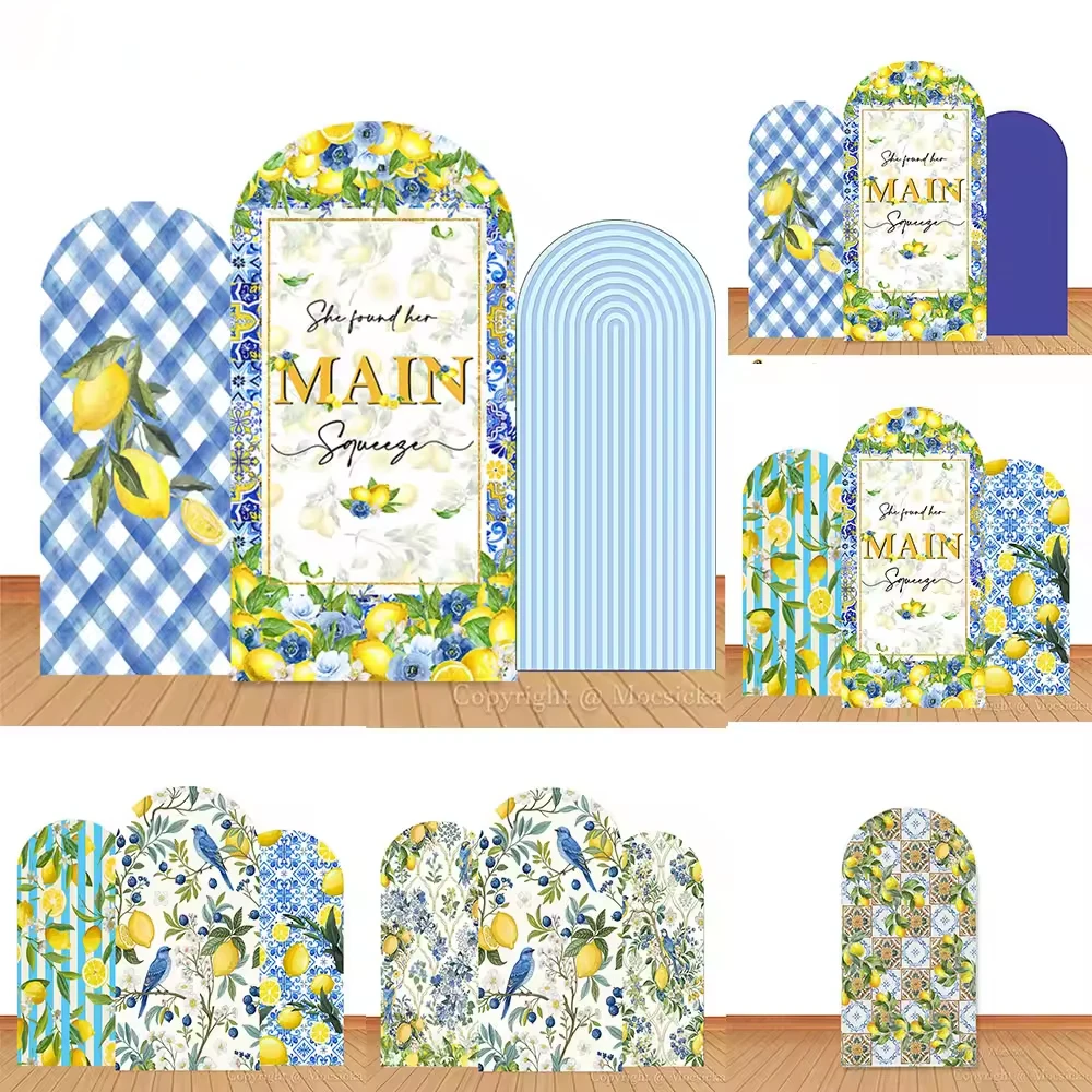 LS  She found her Main Squeeze Arch Backdrop Lemon Tiles Wedding Bridal Shower Background Blue White Porcelain Photozone