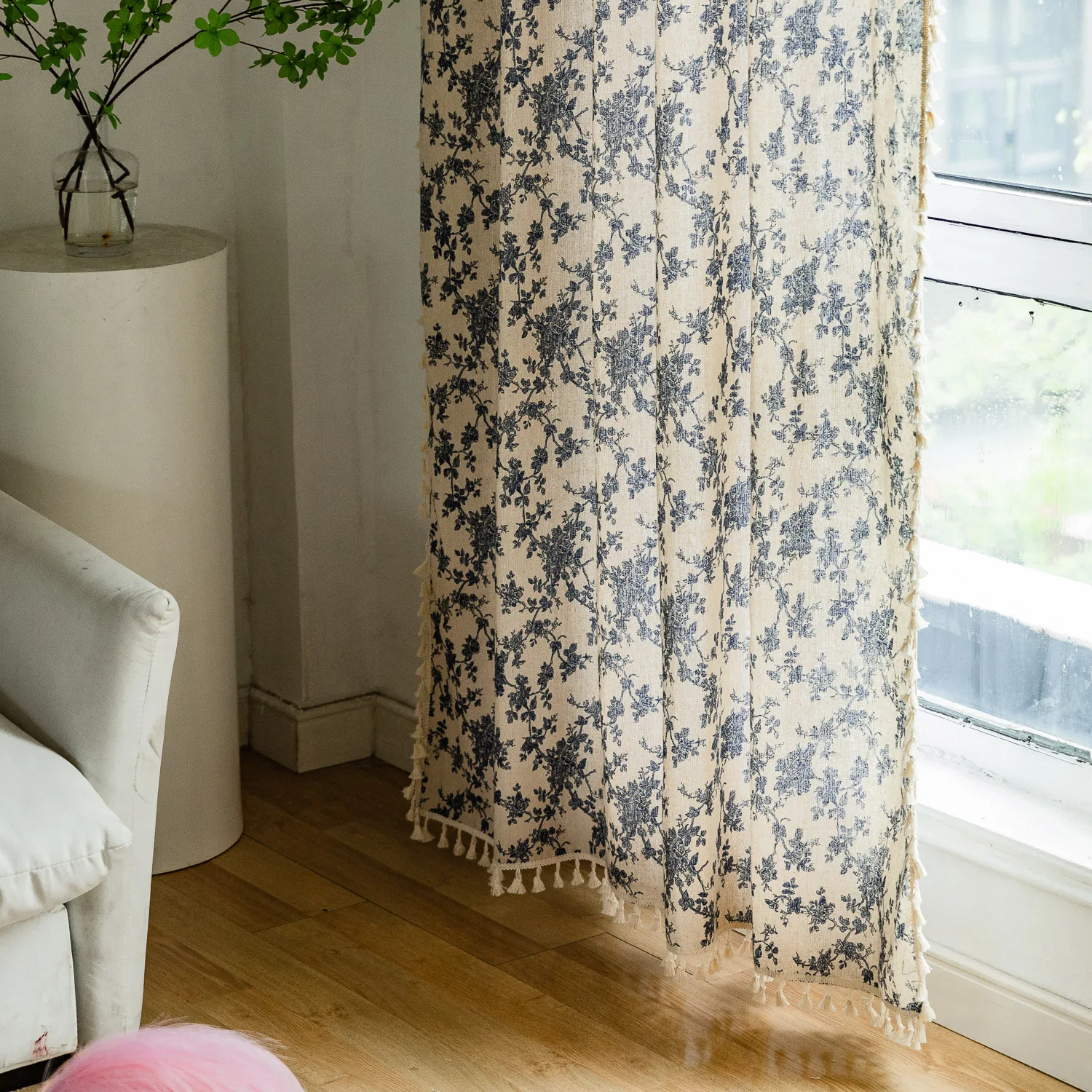 Blue Flower Linen Curtains for Living Room Bedroom Small Window Cabinets Short Curtain with Tassel for Kitchen Semi-Blackout