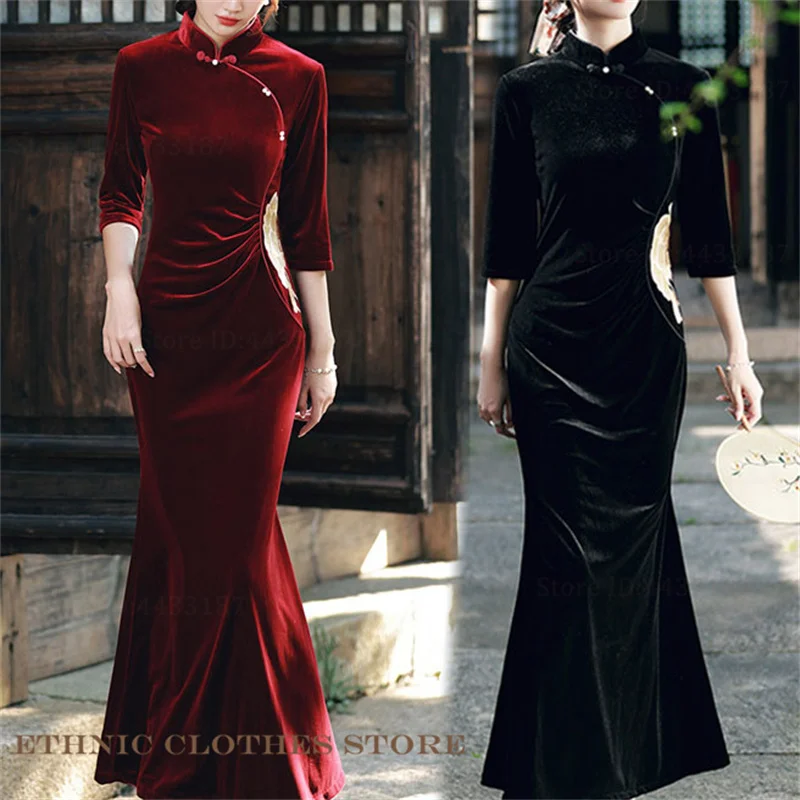 

Осень-зима бархатное китайское длинное платье Ципао плюс размер традиционное китайское Cheongsam сексуальное тонкое платье макси русалки Vestidos