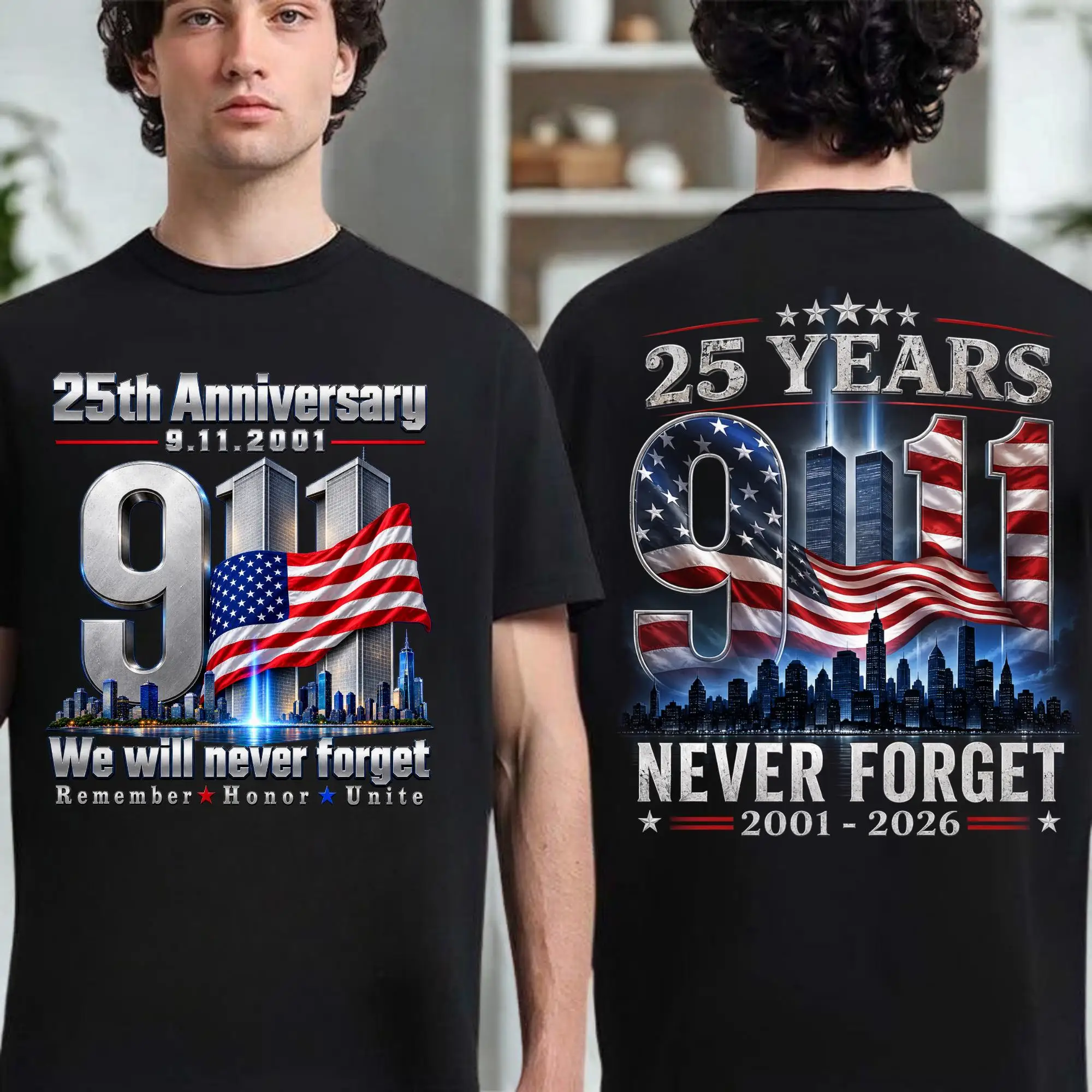 2026 9/11 25th Anniversary T-shirt: Never Forget, Saluting The Flag. Designed for The 2026 Double-Sided Patriot Day