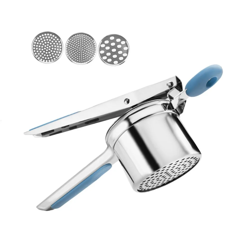 

Stainless Steel Potato Masher Hand Press Silicone Handle Juice Squeezer Manual with 3 Interchangeable Discs Potato Ricer Maker
