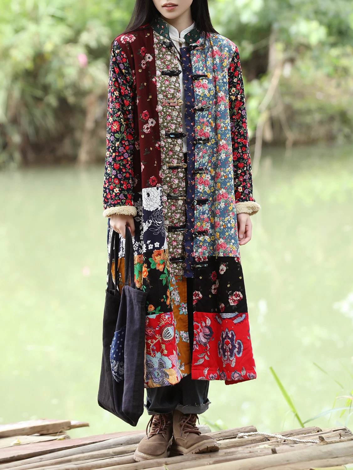 Vintage Cotton Linen Long Mid-calf Coat for Women Flower Loose Thick Fleece Inside Outerwear Long Sleeve Patchwork Dress Winter