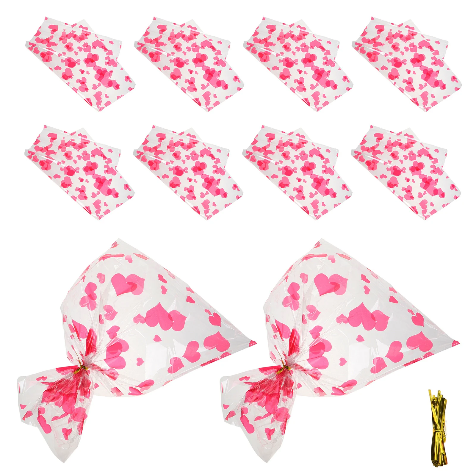 

100 pcs Yuanbao Bag Heart Printed Clear Cellophane Jewelry Candy Bags for Gold Brick Storage Valentines Packaging