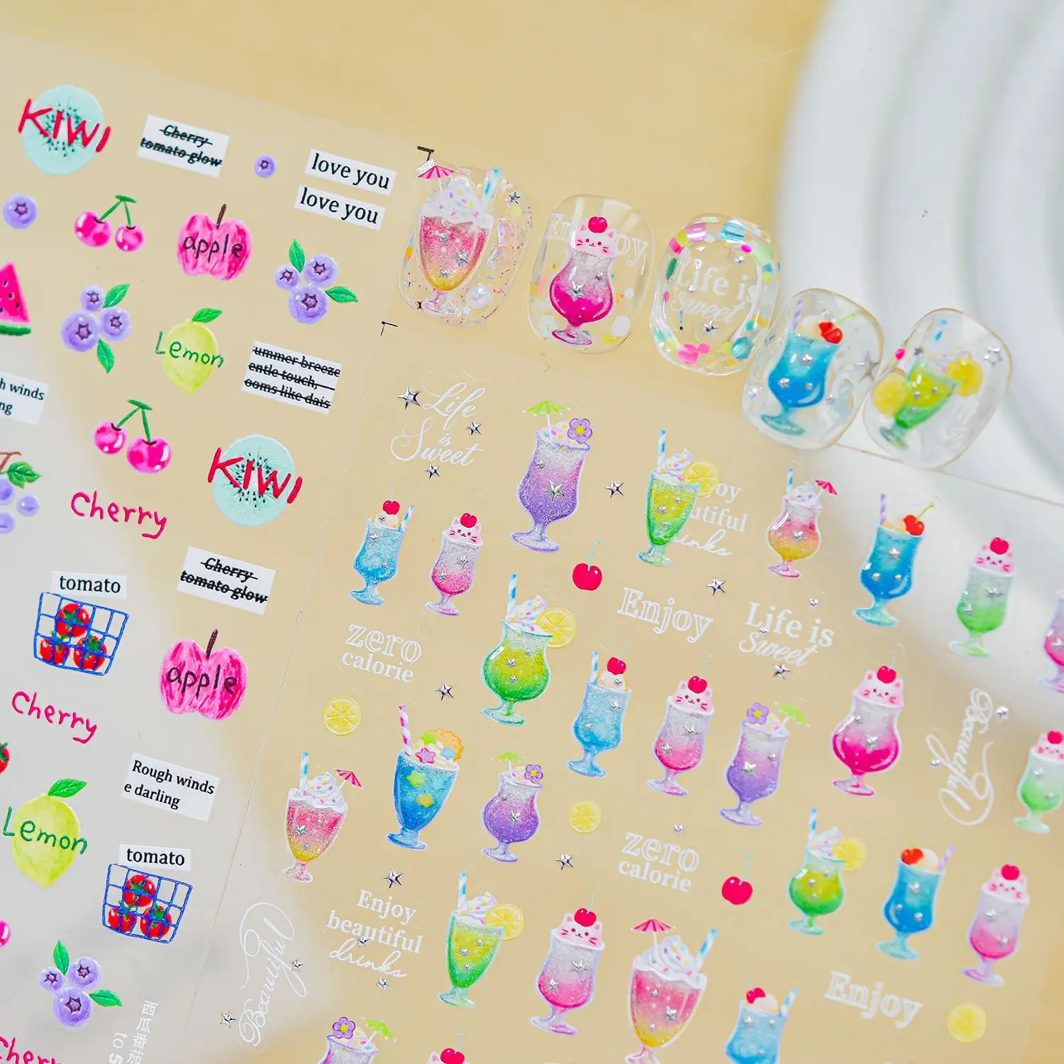 Summer Fruit Cocktail 5D Nail Stickers Cherry Tomato Lemon Apple Pattern Nail 3D Decoration Self Adhesive Nail Art Stickers DIY