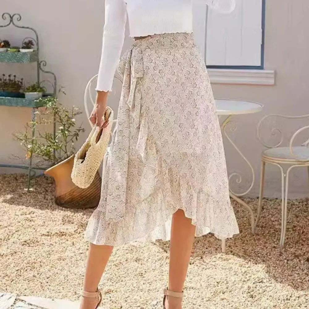 Women's Clothing MsChuh Summer Irregular Skirt Chiffon Floral Printed Contrast Leace-up Temperament Simple Style All-match Slim