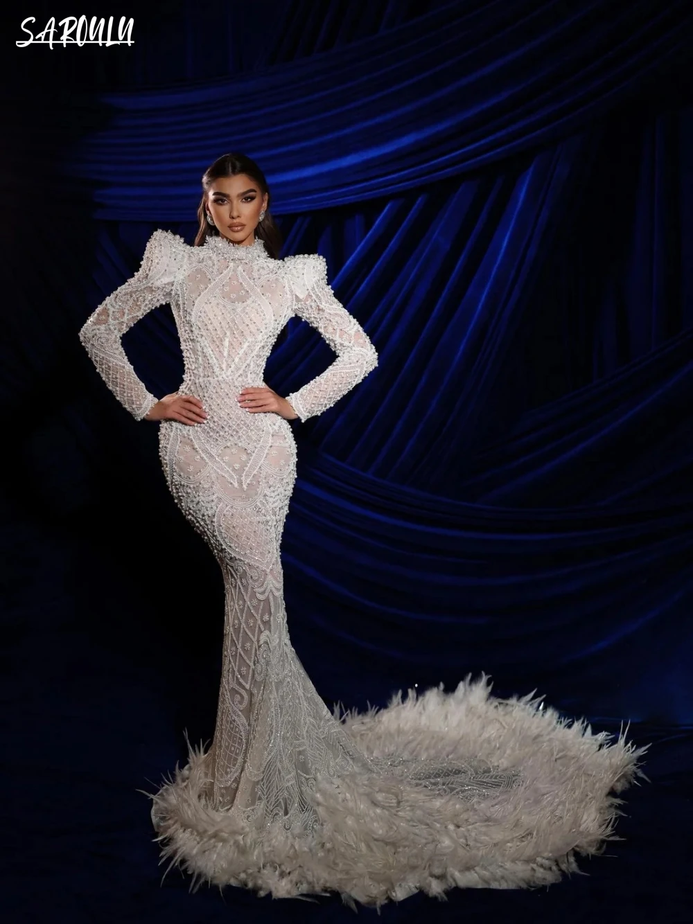 

Luxury High Neck Evening Dress Pearls Beading Crystals Mermaid Bride Robe Elegant Floor-length Bridal Dresses Vestidos De Novia