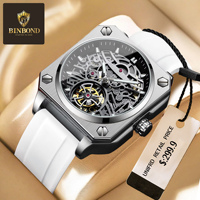 BINBOND New Fashion Tourbillon Skeleton Mechanical Luxury Watch Waterproof Men's Watch Sports Stone Square Case
