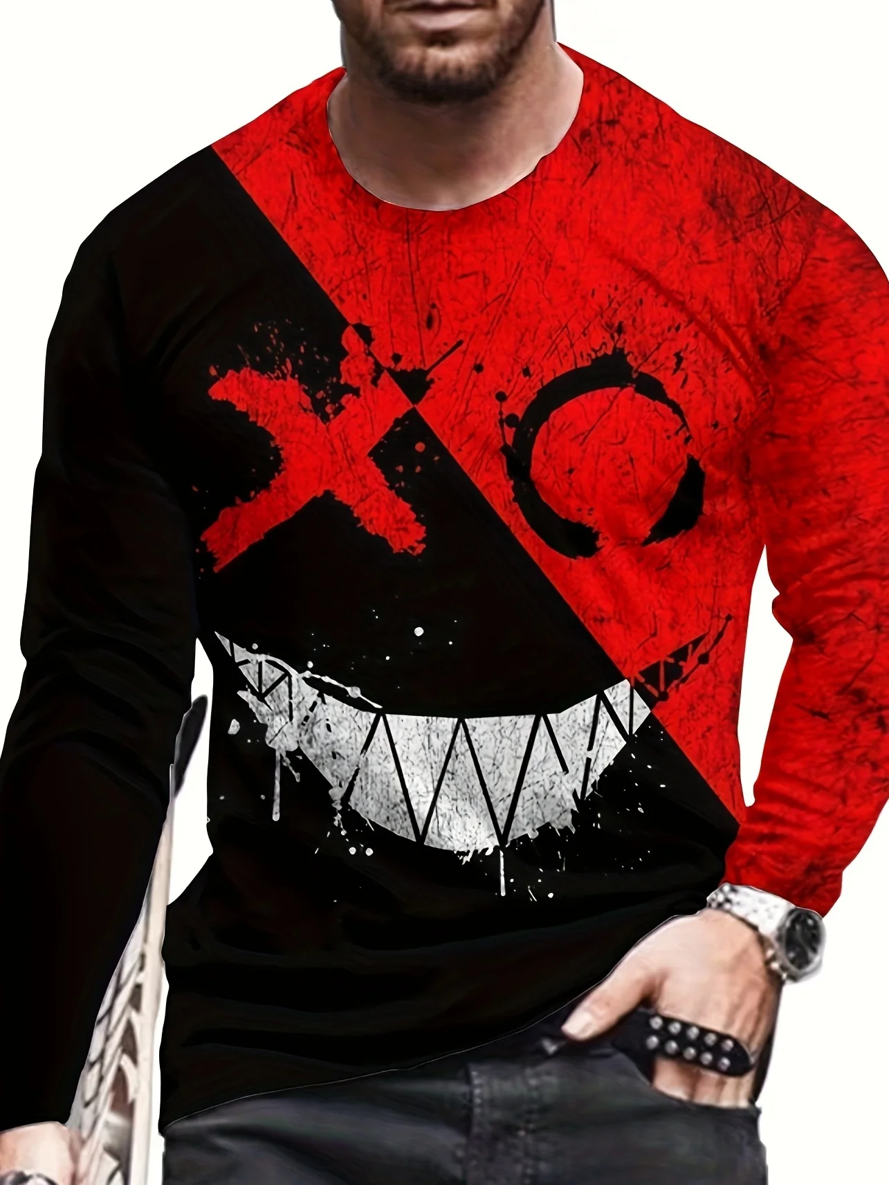 

2025 Men's Halloween Gothic Devil Pattern Long Sleeve T-shirt Round Neck Breathable Funny Casual 3D Printing