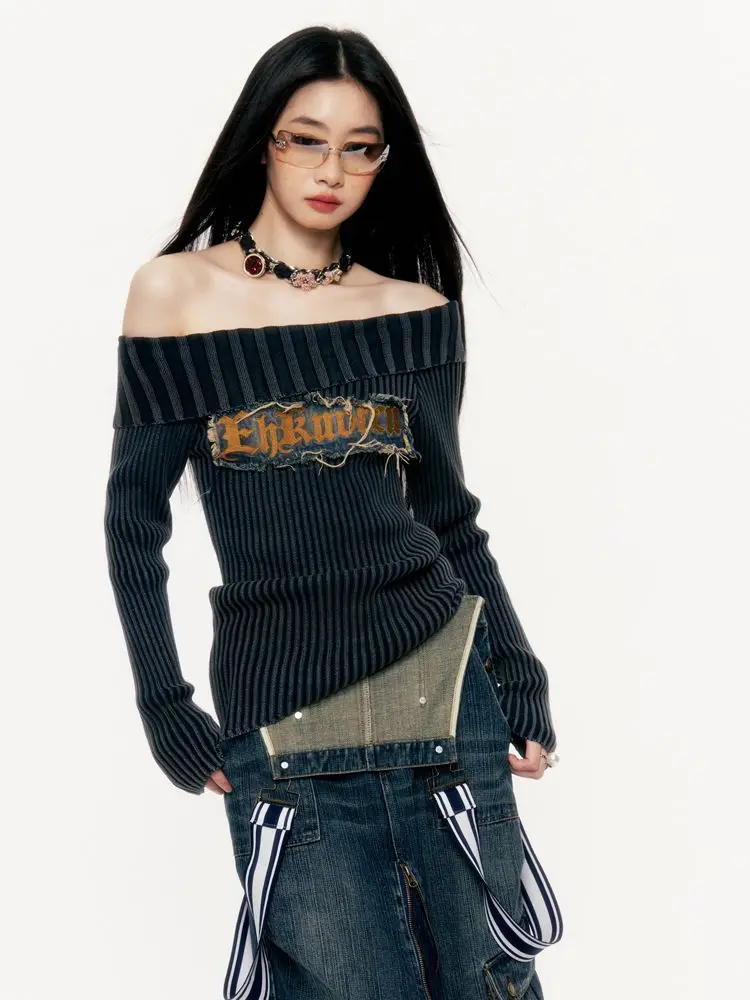 Sexy Slash Neck Vintage Letter ricamo maglione gotico moda Slim Fit Jumpers Y2k Punk Top Harajuku abbigliamento Grunge Casual