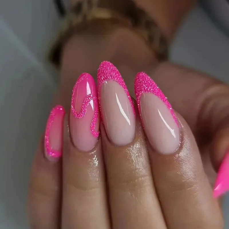 24 ps/set corto rosa diseño suave usando uñas postizas brillo perla uñas postizas arte extraíble dulce lindo cubierta completa prensa en las uñas