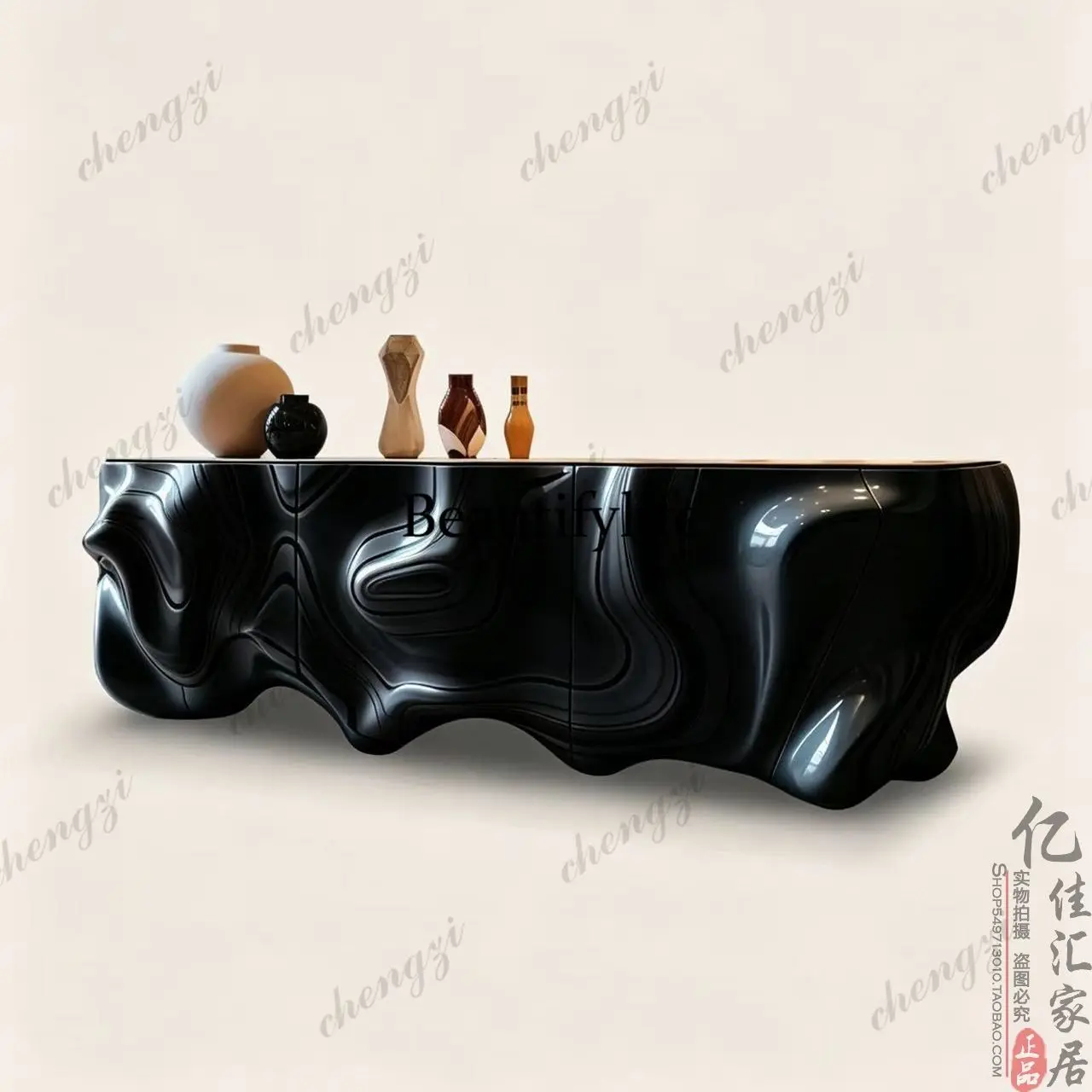 Light luxury high-end TV cabinet black matte wave engraving creative high cabinet convex decorative cabinet