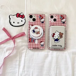 Cute Lattice Hello Kitty Magnetic Wallet Holder Phone Case For iPhone 15 14 13 12 11Pro Max Magsafe Wireless Charge Cover