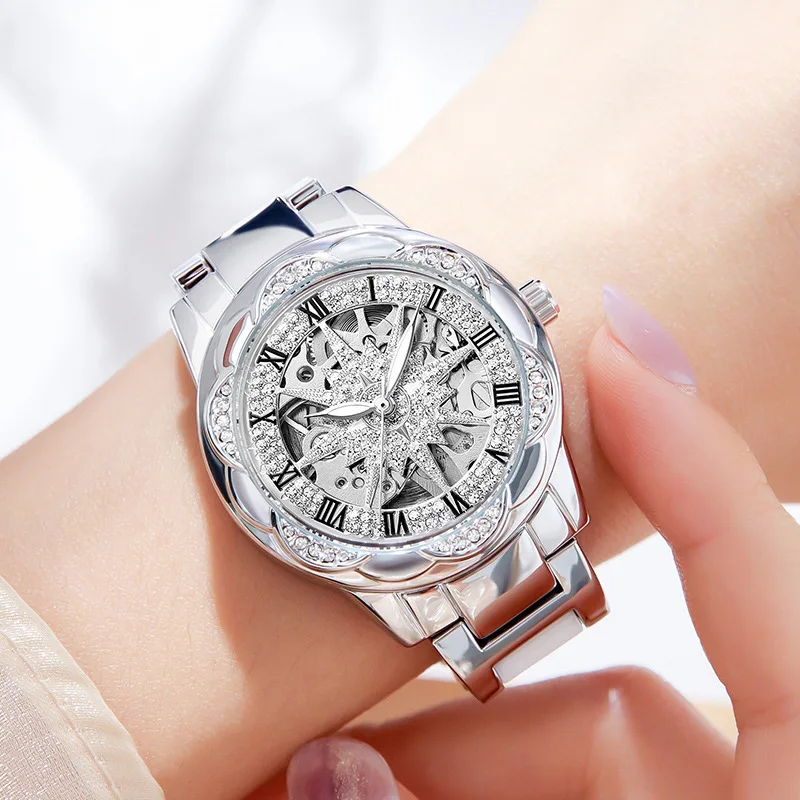 

Sunflower mechanical women's watch with transparent back and hollowed-out popular watch Women's watch luxury high quality