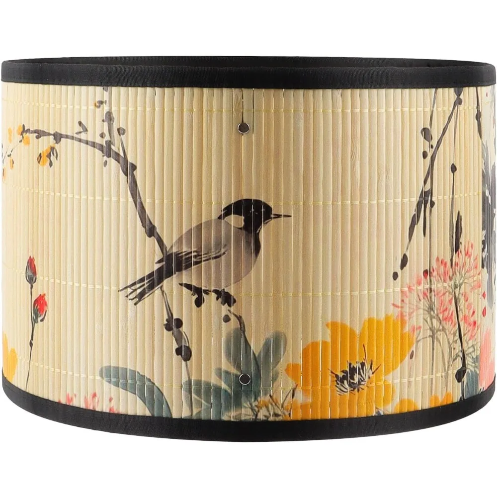 

Барабанный абажур из натурального бамбука 11,8×11,8×7,9 дюйма, зажим на крышке настольного светильника, абажур с цветочным принтом для спальни, гостиной, чанд
