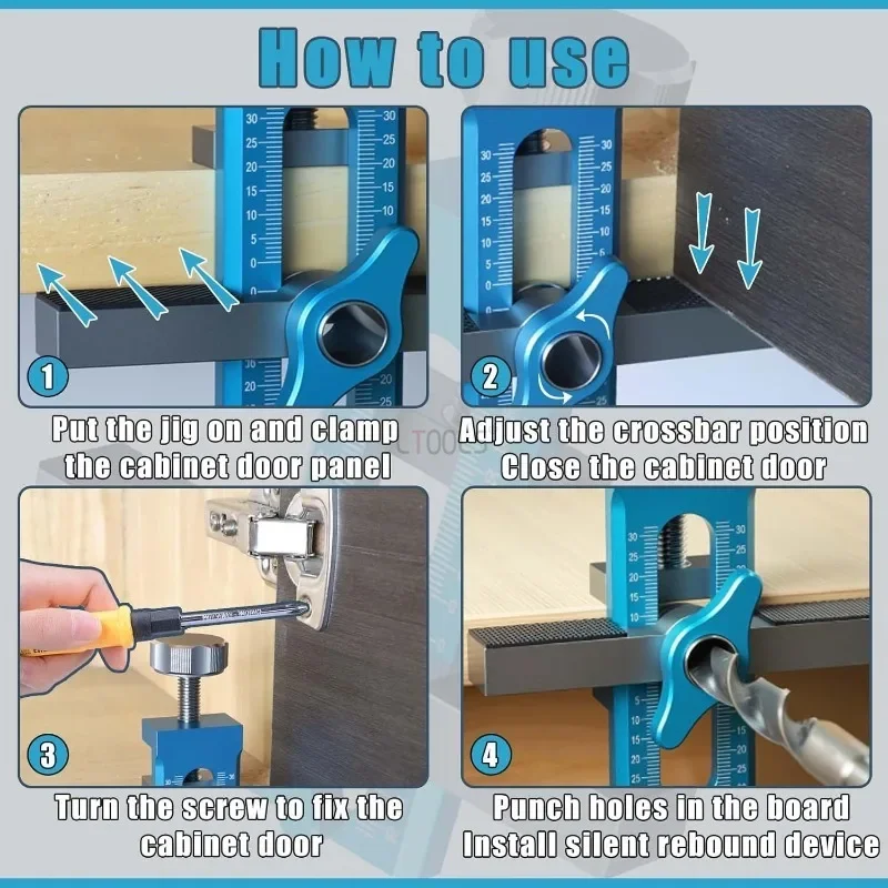 Perlengkapan Penstabil Gagang Kabinet Biru Pencari Lokasi Aloi Aluminium 2-In-1 dengan Alat Instalasi Pengeboran Kayu Skala Ketat