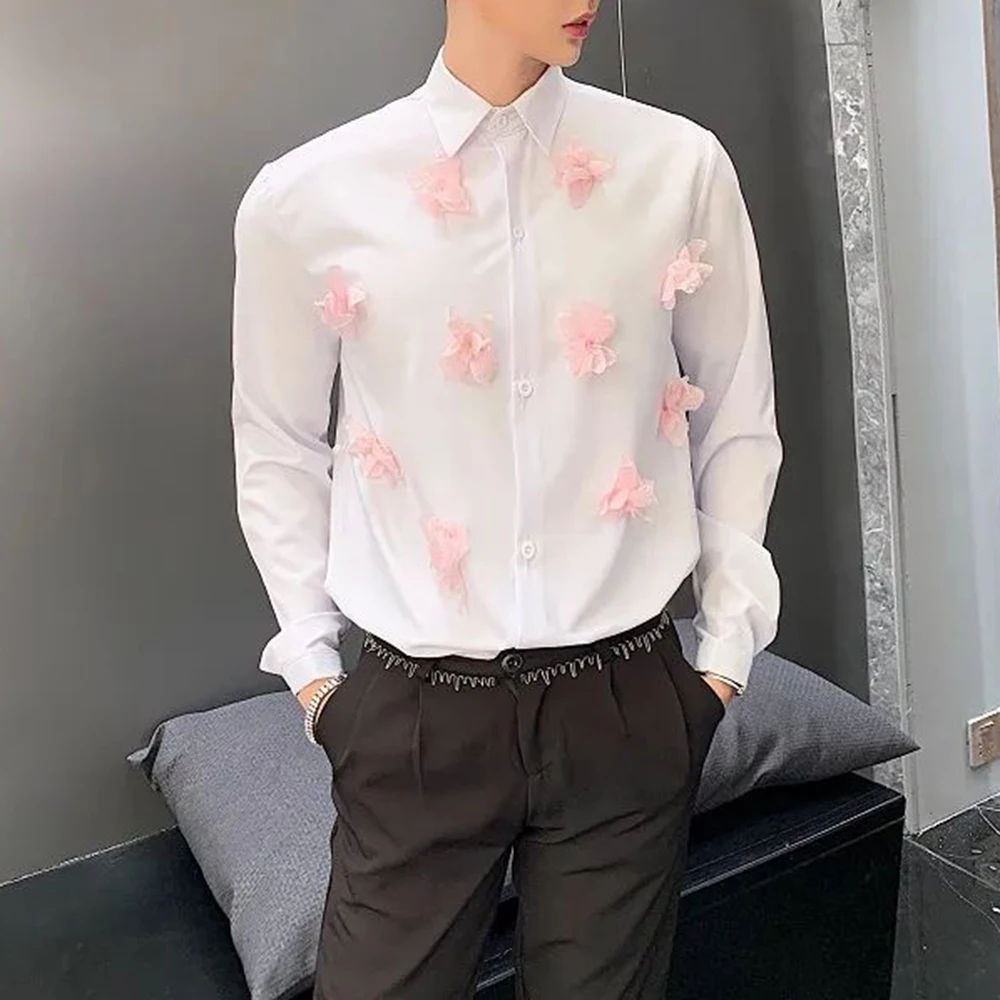 

Mens French Floral Long-Sleeved Shirt Autumn Genderless Trendy Personality Stand-Up Collar Stage Performance Clothing Unisex