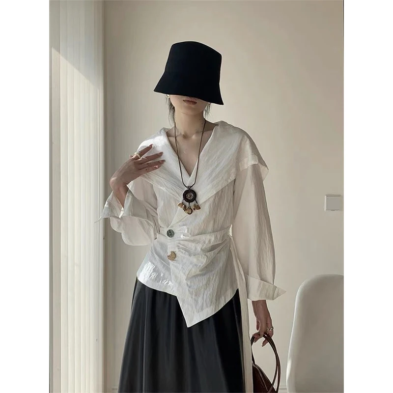 

Новые женские модные элегантные блузки MEXZT с V-образным вырезом, на завязках, летние, в корейском стиле, с длинным рукавом, на пуговицах, приталенного кроя