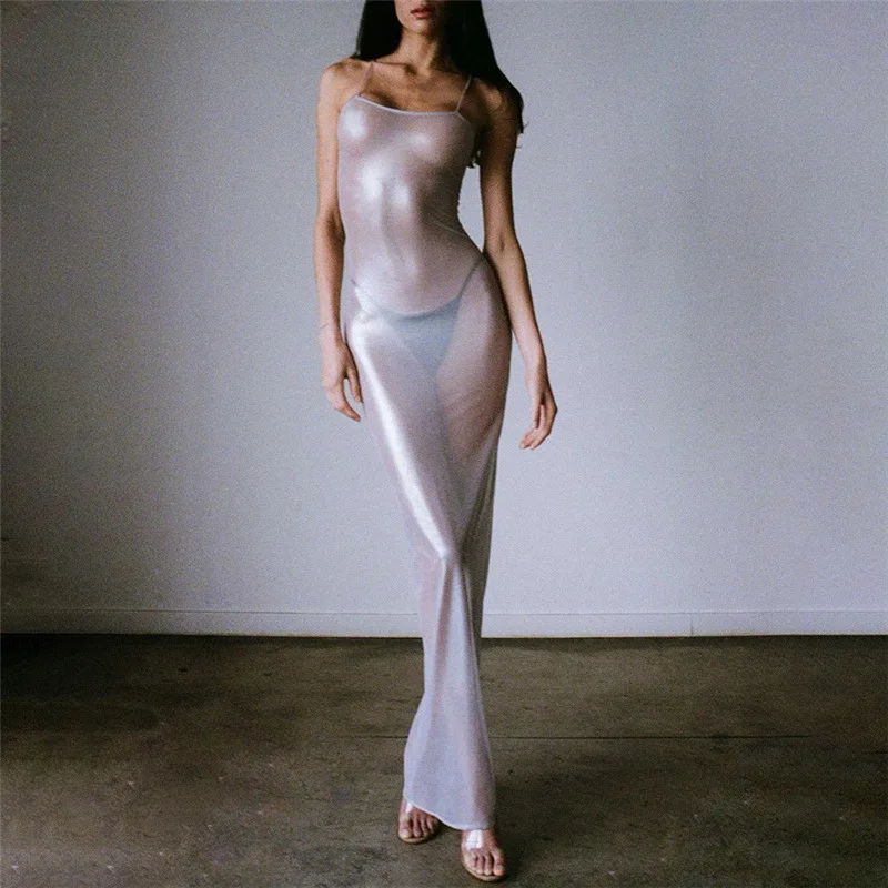 

Metallic Sheer See Through Maxi Dress Women Sexy Spaghetti Strap Bodycon Party Evening Cocktail Dress