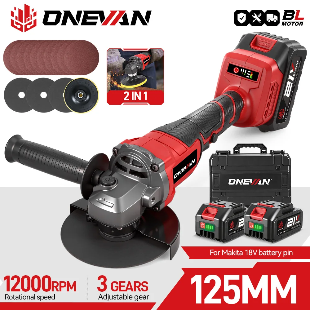 Image of ONEVAN 125mm Bürstenlosen Elektrischen Winkel Grinder 2in1 M14 Cordless Schneiden Polieren Holzbearbeitung Werkzeug Für Makita 18-21V batterie Pin