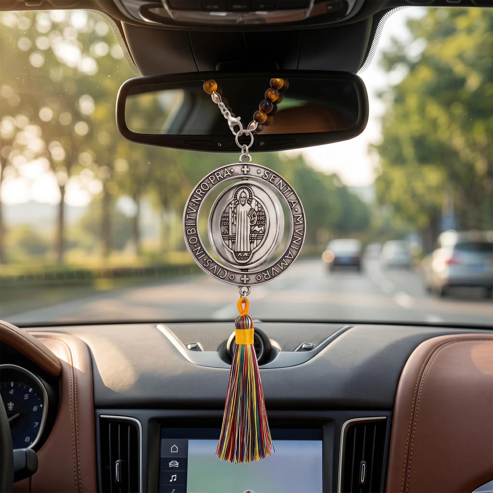 St. Benedict Medal Car Hanging Ornament, Tiger Eye Beads Rainbow Tassel Golden Silver Tone Auto Home Decor Religious Gift