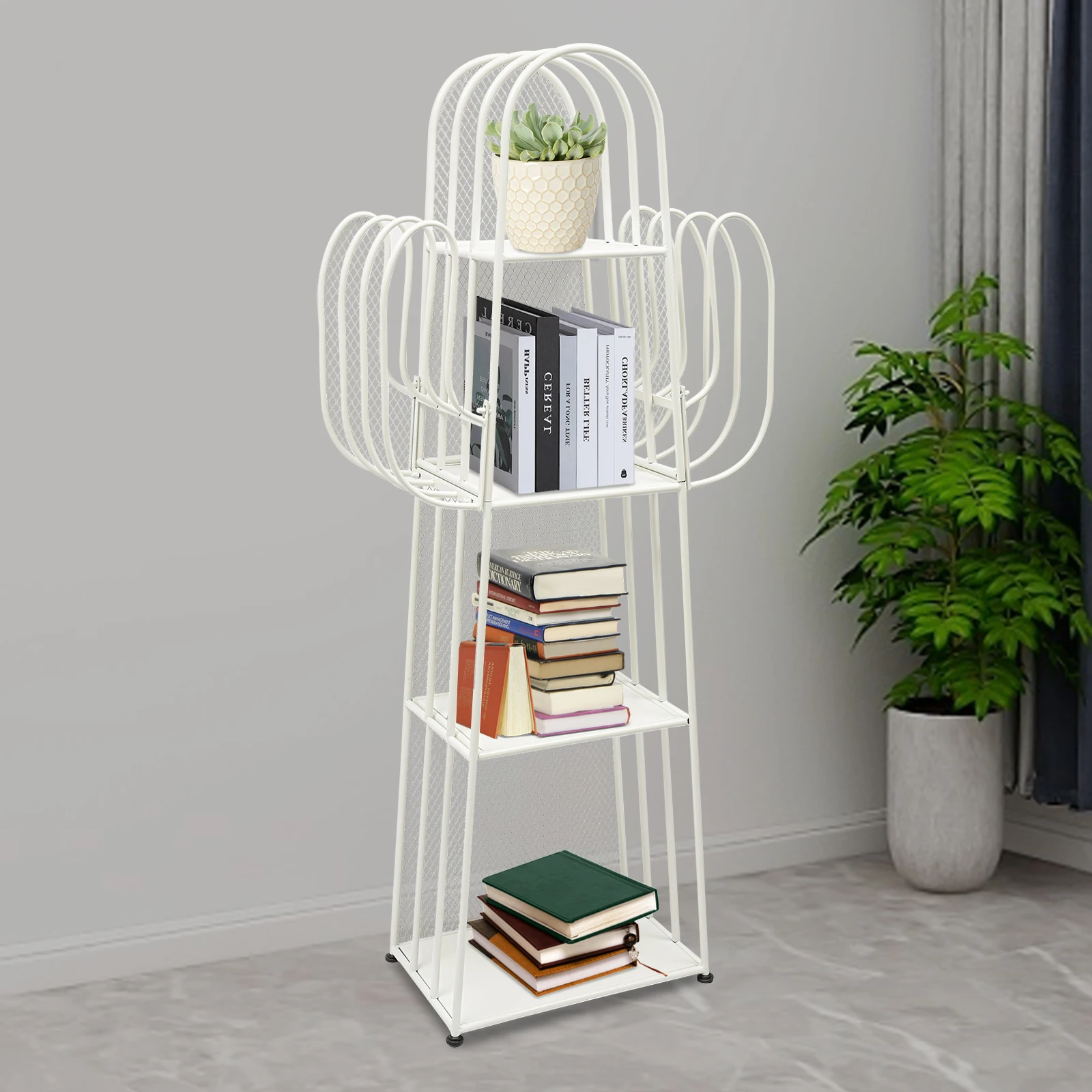 4-Tier metal hollow cactus ladder bookshelf Bookcase with 6 Compartments- white