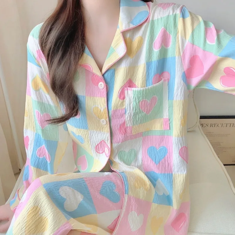 Langarm-Langhosen-Pyjama für Teenager-Mädchen, Frühling/Herbst, Damen-Loungewear, atmungsaktive Homewear für Studentinnen, lockere Freizeitkleidung für Damen