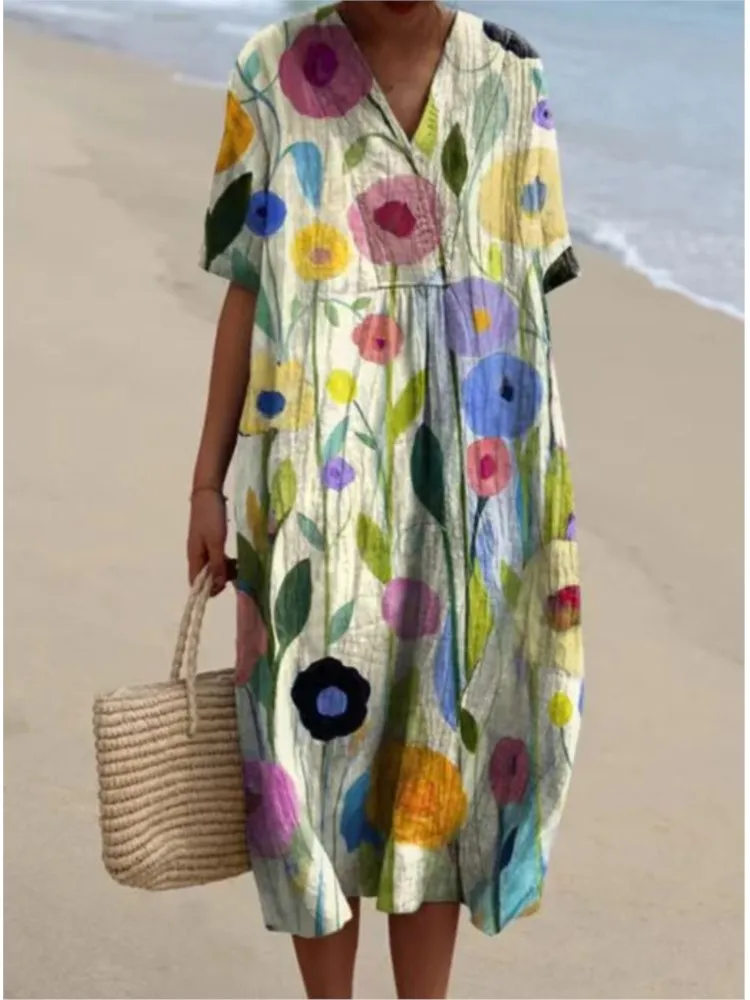 Summer Loose Print Women Dress New Fashion V Neck Short Sleeve Beach Party Dresses Femlae Holiday Elegant Dress Robe Femme