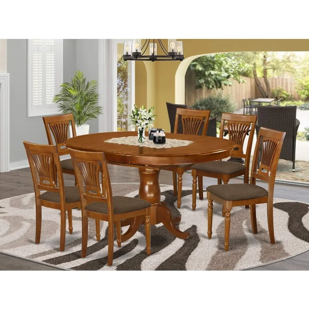 The 7-piece dining room furniture set includes an oval kitchen table with butterfly leaves and 6 linen upholstered chairs