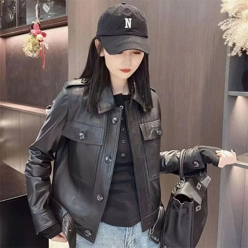 海寧2025新作レザージャケット レディース 本革シープスキン バイク用 ショートスタイル チェン夫人と同じスタイル