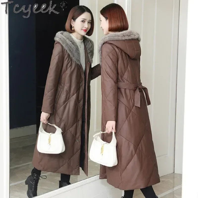 Tcyeek Genuine Leather Down Jacket Women Winter Jackets Mid-length Sheepskin Coat for Woman Clothing 2024 Warm Mink Fur Collar