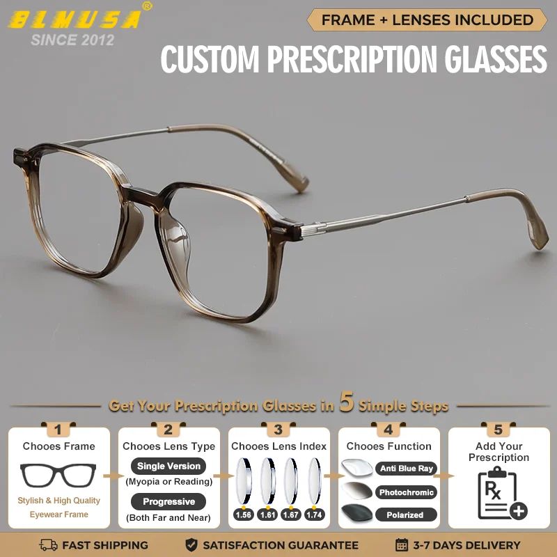 BLMUSA Nouvelles Lunettes Photochromiques Anti-Lumière Bleue pour Hommes, Monture Rectangulaire Personnalisée, Lunettes Optiques Progressives sur Prescription