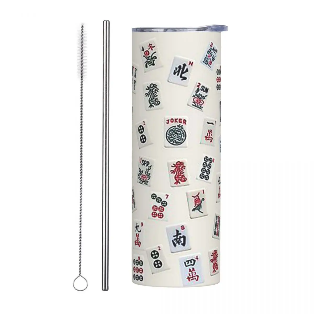 Mahjong Game Tiles Design Stainless Steel Tumbler Vacuum Insulated Mug Thermal Cold Cups Straw With Lid 20oz