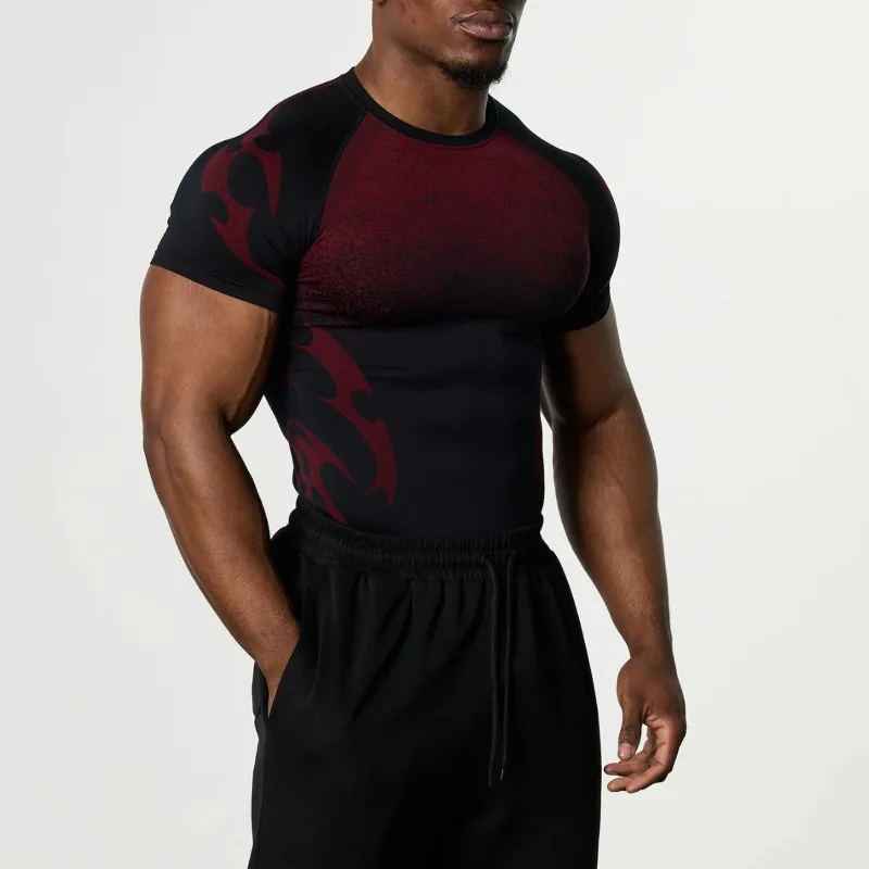 Athletic Men Tribal Print Crew Neck Compression Short Sleeve T Shirts Quick Dry Stretch Gym Workout Sports Tops M-5XL