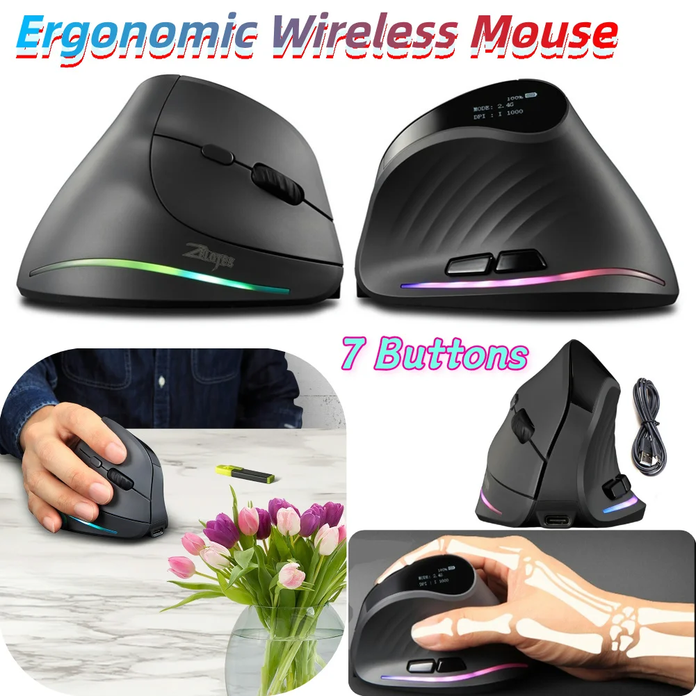 

Wireless Bluetooth-Compatible Mouse Adjustable DPI Wireless Vertical Ergonomic Optical Mouse 7 Buttons for PC Laptop Mac Windows