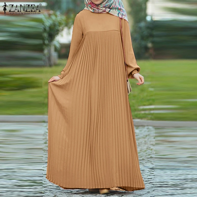 Eid Mubarek Muslim Abaya Dress ZANZEA Women Long Sleeve Solid Pleated Sundress Ramadan Robe Femme Loose IsIamic Clothing Kaftan