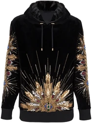 HIGH STREET Newest 2024  Designer Tops Women's Sequined Rhinestone Diamonds Beaded Velvet Loose Hooded Hoodie Sweatshirt