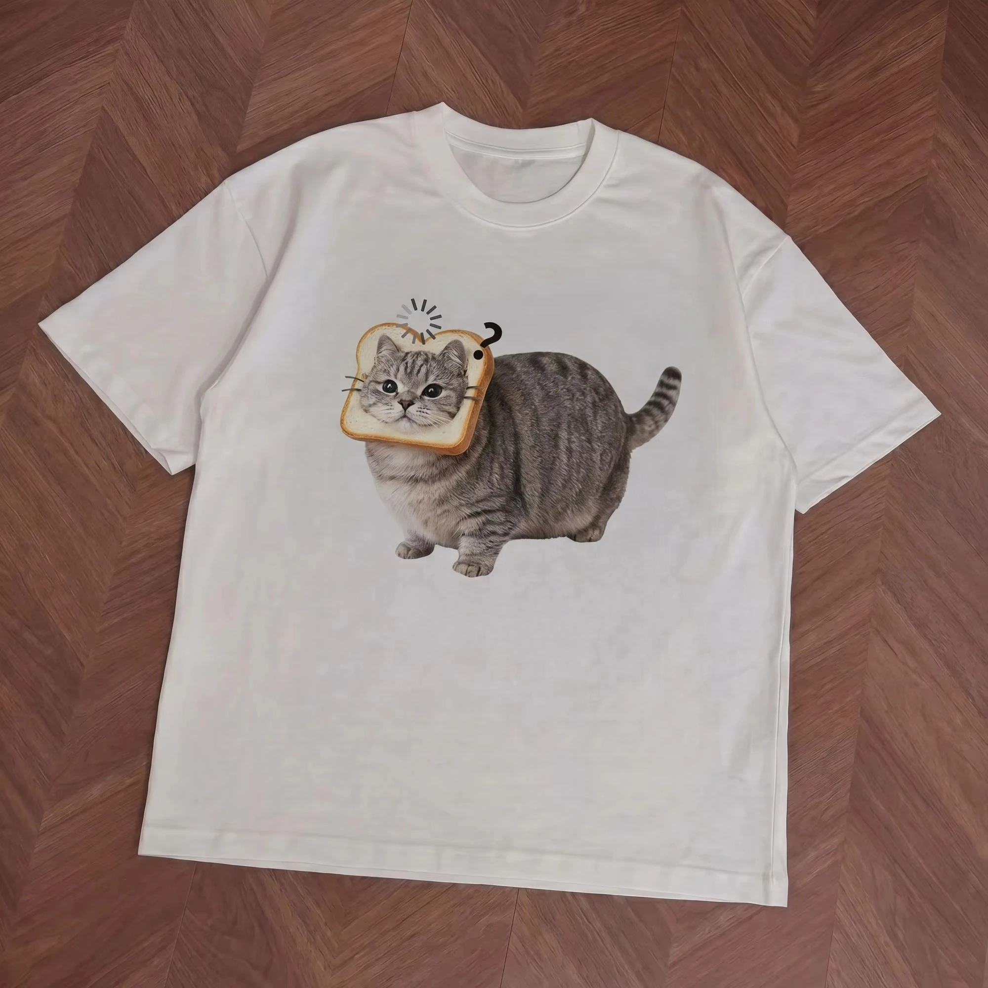 Women's Short Sleeve T‑shirt Cute Chubby Cat with Bread Toast Print Daily Street Outfit Humor Casual Tops Women Clothing
