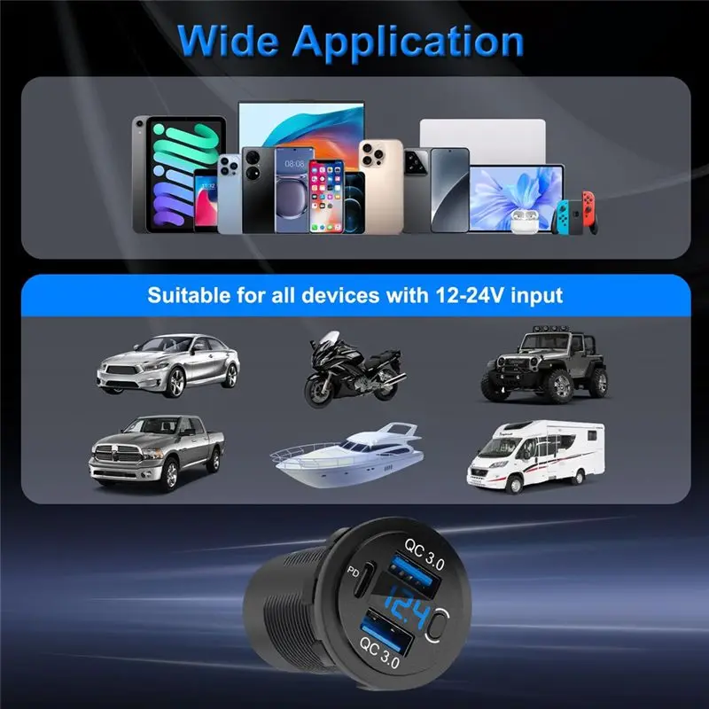 DT21 Waterproof USB Port 12V Outlet, Dual QC3.0 18W & PD 30W Car Socket with Voltmeter for Marine Boat RV