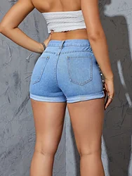 High Waist Denim Shorts for Women with Rhinestone Decoration Ripped Splice Short Pant Jeans Bodycon Pocket Button Trouser Summer