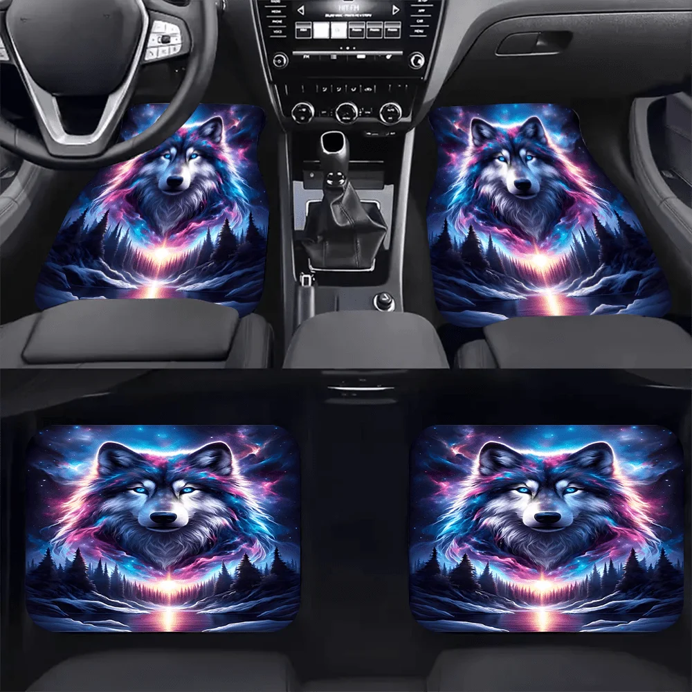 4pcs Colorful Mountain Wolf Car Floor Mats - Stylish, suitable for all vehicles, durable interior, best gift for friends
