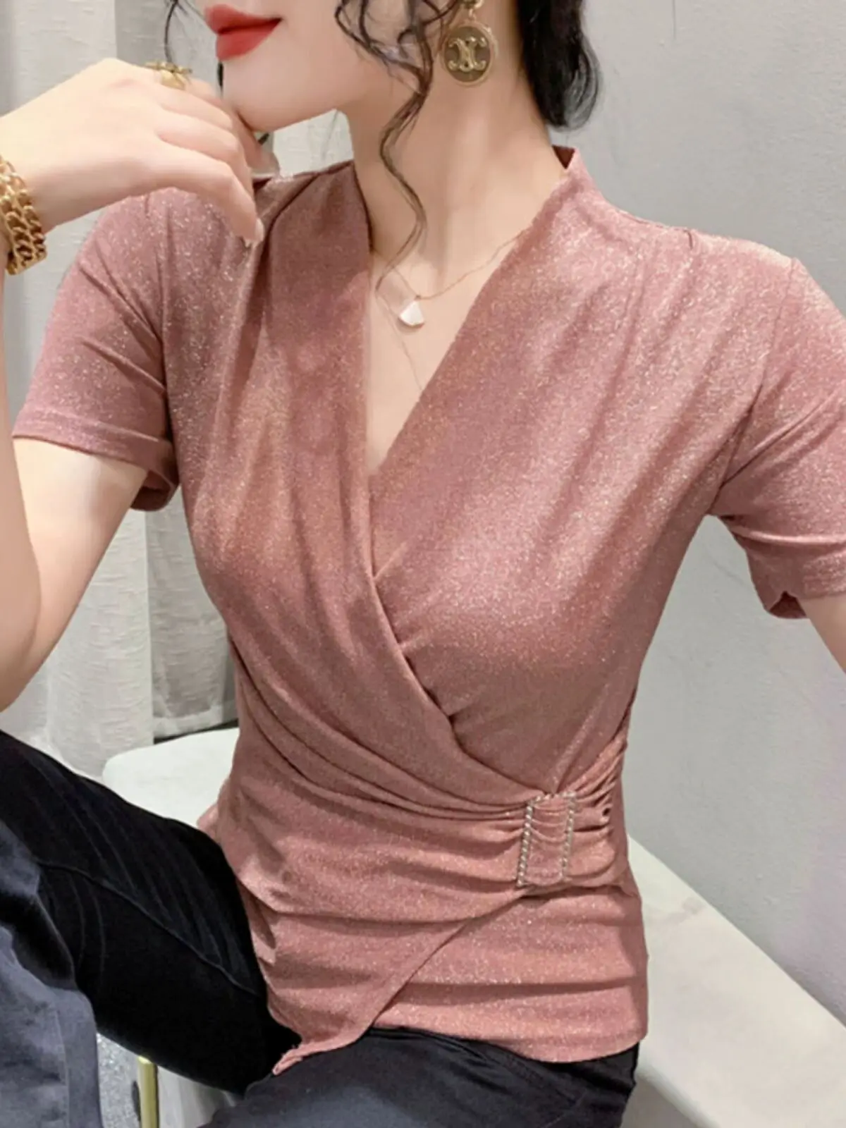 2024 Dressed To Kil Asymmetrical Female T-shirt Spring Summer Shinny Silk V-neck Solid Woman S-3XL Short Sleeve Mesh Slim Chic