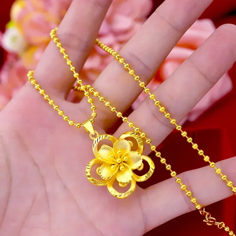 

9999 Real Gold 24K Fashion Large Flower Pendant Women's Gold Jewelry Necklace Accessories